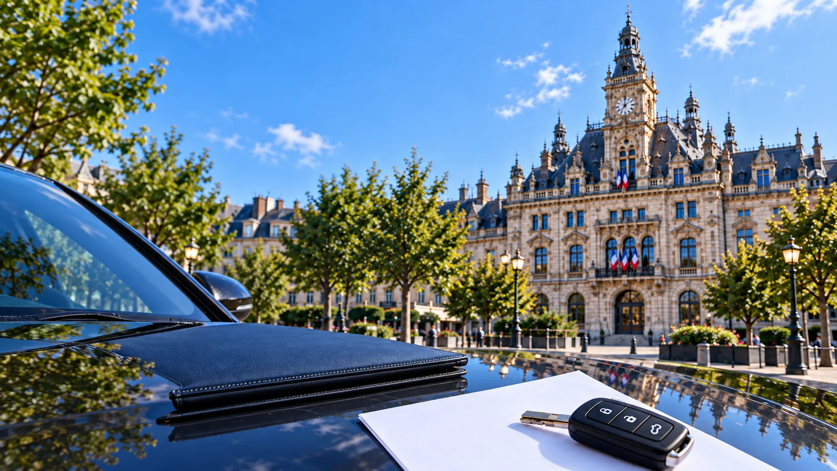 Documents de cession sur le capot d’une voiture, devant l’hôtel de ville de Valenciennes